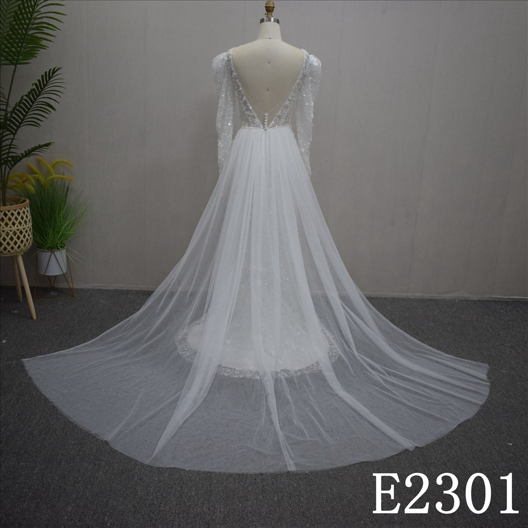 Gorgeous V-Neck  with backless And Long sleeve Hand Made Bridal Dress