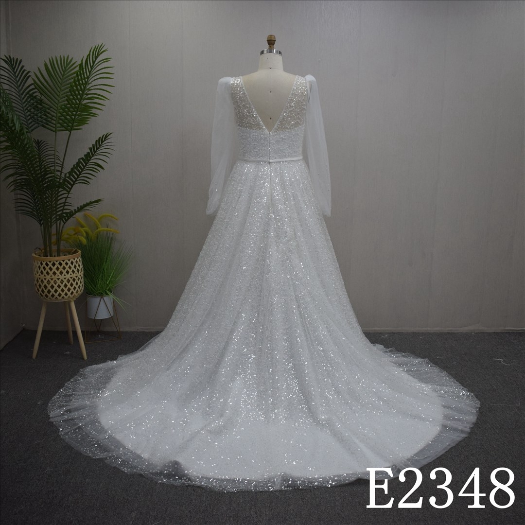 Special Long Sleeves and V-neck  Hand Made Bridal Dress