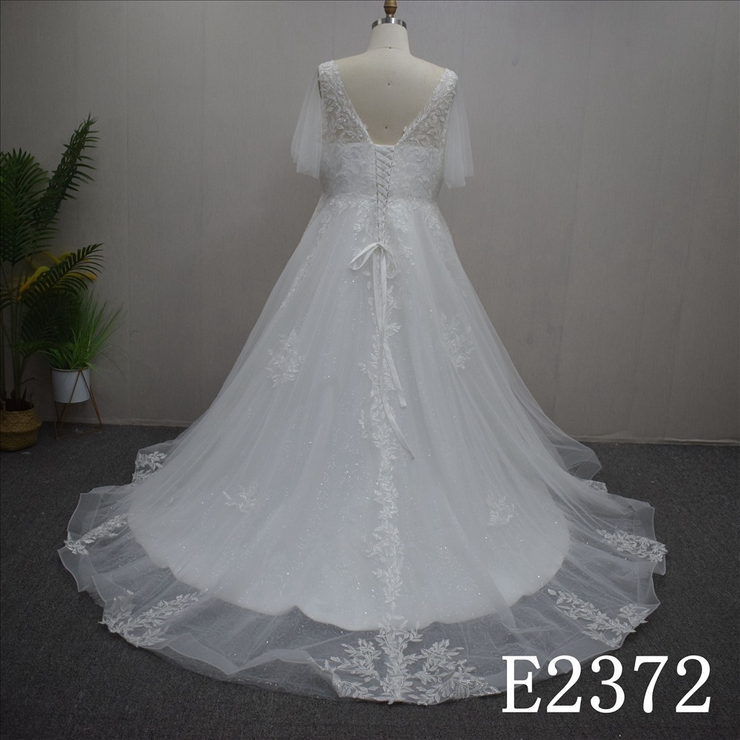 V-neckline Bridal dress with Short Sleeves and Sweep Train