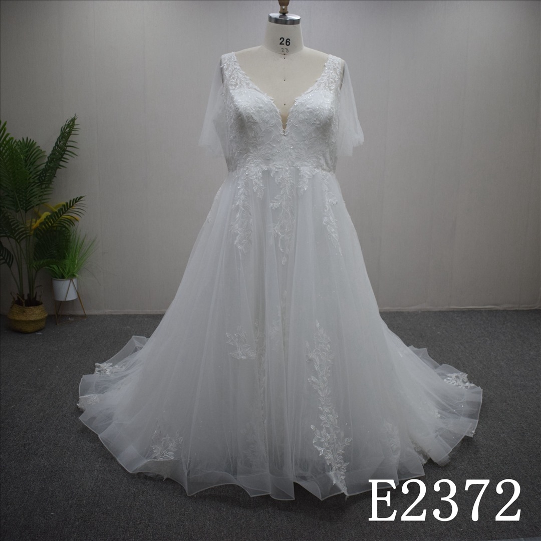 V-neckline Bridal dress with Short Sleeves and Sweep Train