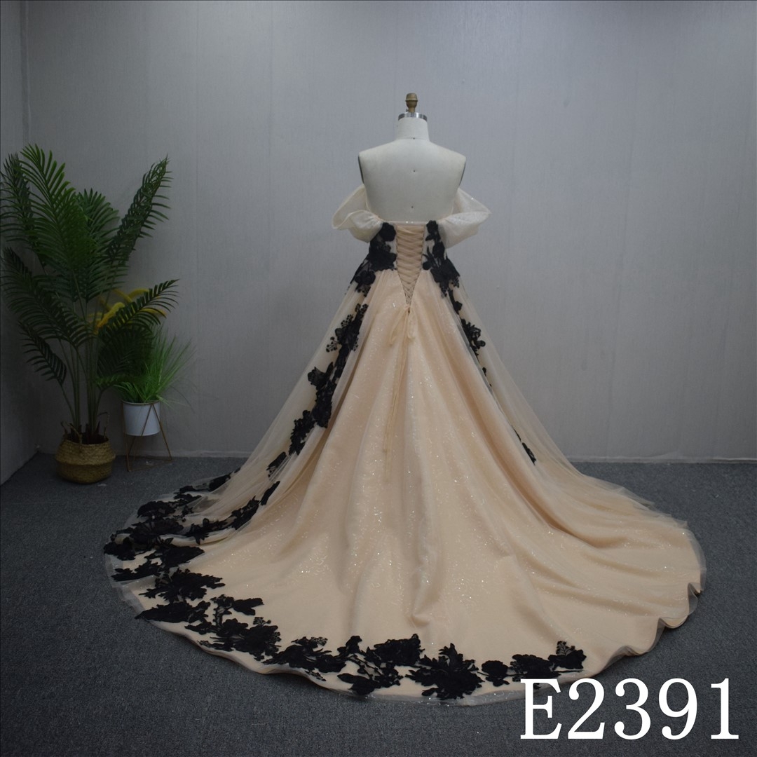 Simple Off Shoulder A-line Lace Flower Sweetheart Hand Made wedding Dress