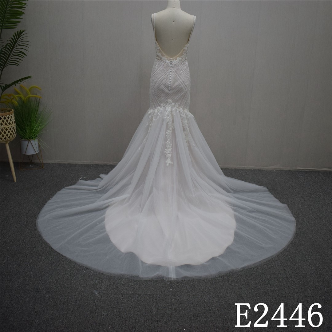 Summer Princess V-neck Mermaid Lace flower Hand Made Bridal Dress