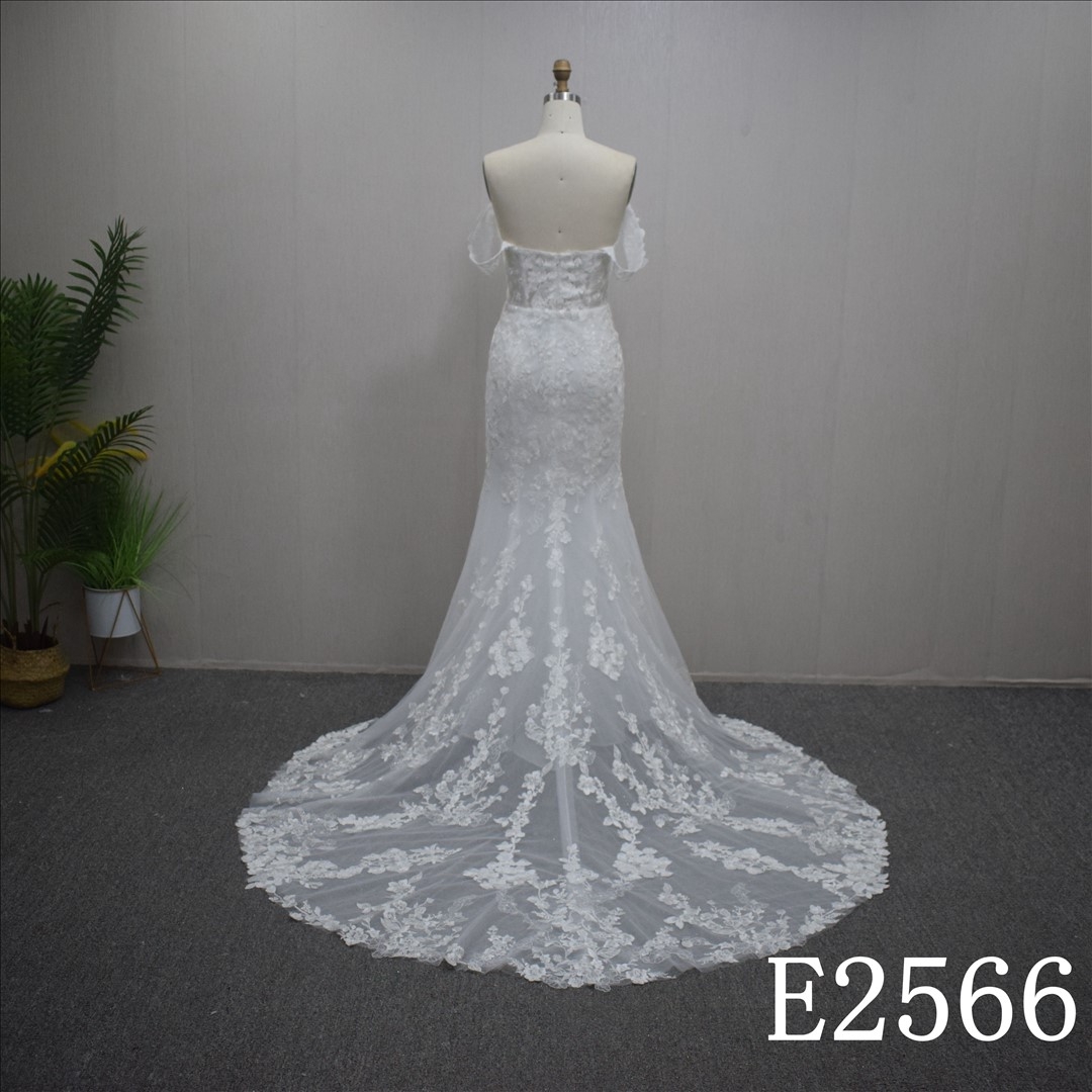 Summer Princess V-neck Mermaid Lace flower Hand Made Bridal Dress