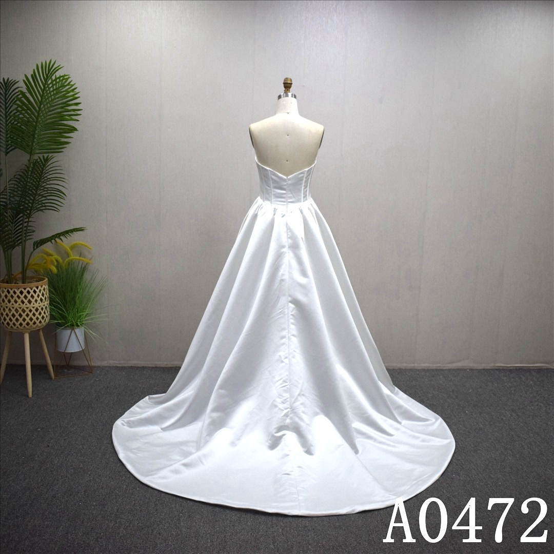 Elegant Satin A-line Wedding Dress With Sweep Train Slit Hand Made Bridal Dress