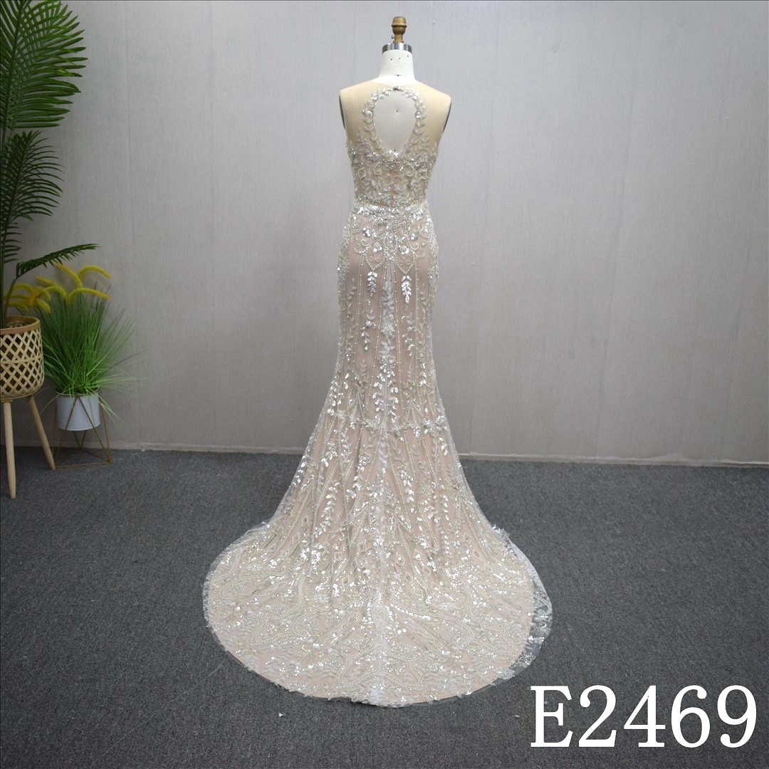 2024 New Summer Princess Illusion Mermaid Slit Beading Sequins Hand Made Bridal Dress