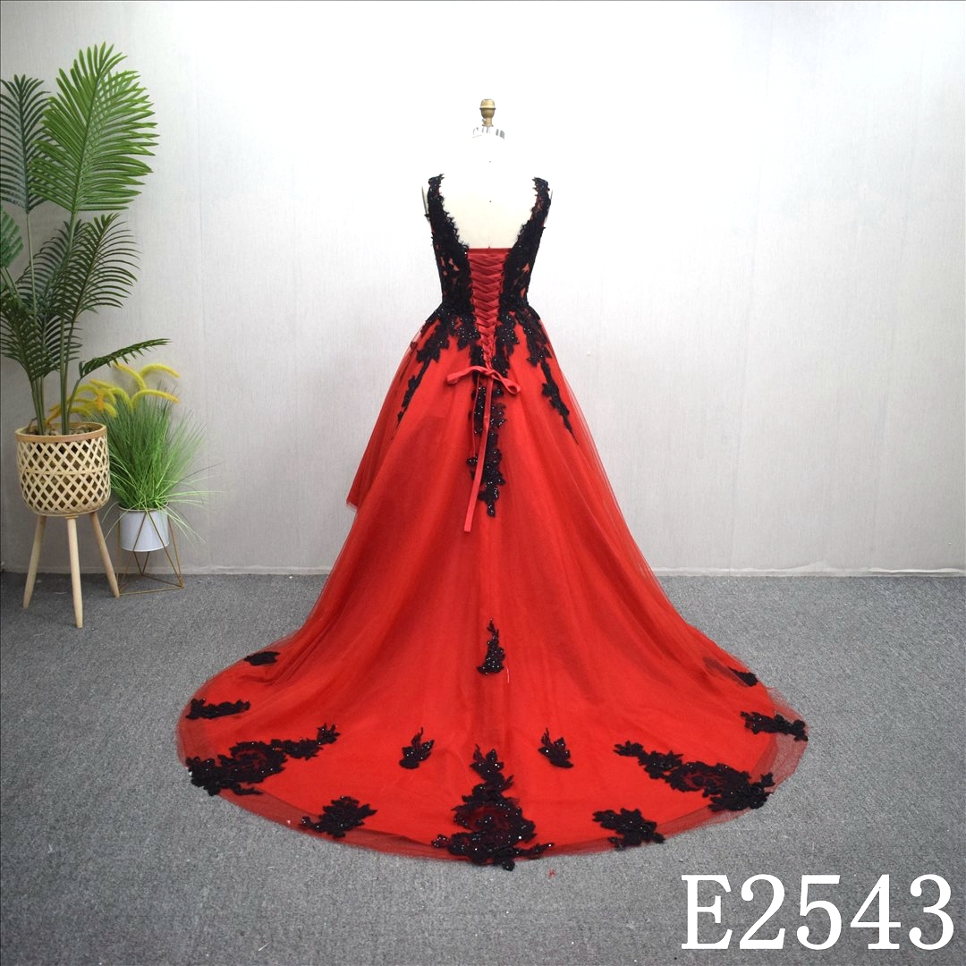 Red With Black V Neck Wedding Dress Elegant Lace Sequins Bridal Gown