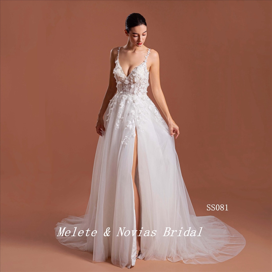 Elegant V Neck Wedding Dress Spaghetti Strap Ivory Lace Slit Bridal Gown