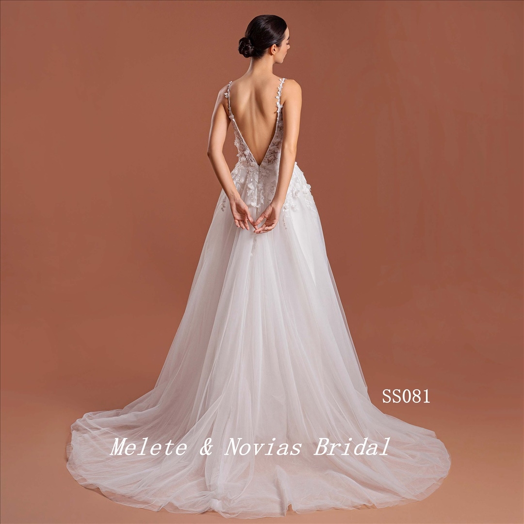 Elegant V Neck Wedding Dress Spaghetti Strap Ivory Lace Slit Bridal Gown