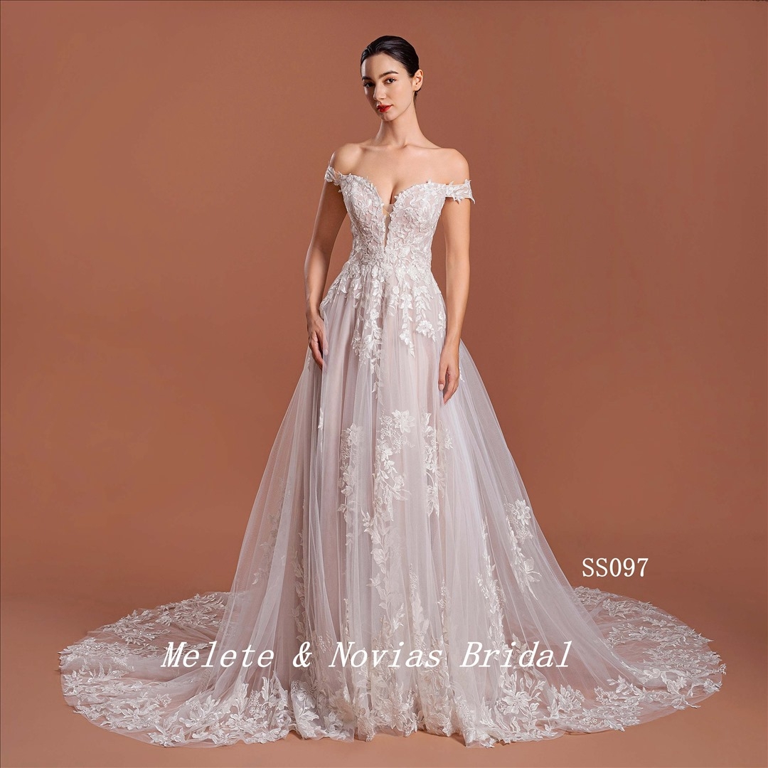 Elegant Off-Shoulder Wedding Dress Ivory Lace Up A Line Bridal Gown