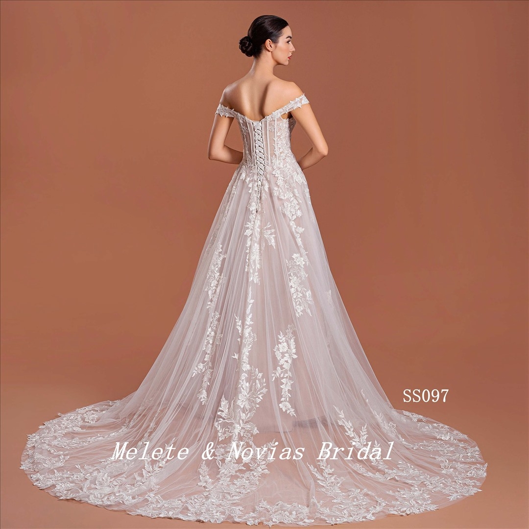 Elegant Off-Shoulder Wedding Dress Ivory Lace Up A Line Bridal Gown