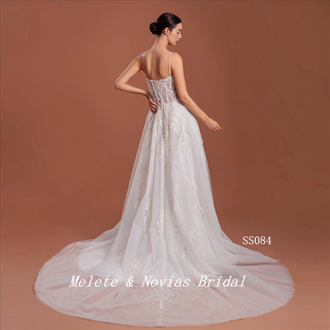 2024 Sweat Heart Wedding Dress Slit Spaghetti Strap Ivory Beading Bridal Gown