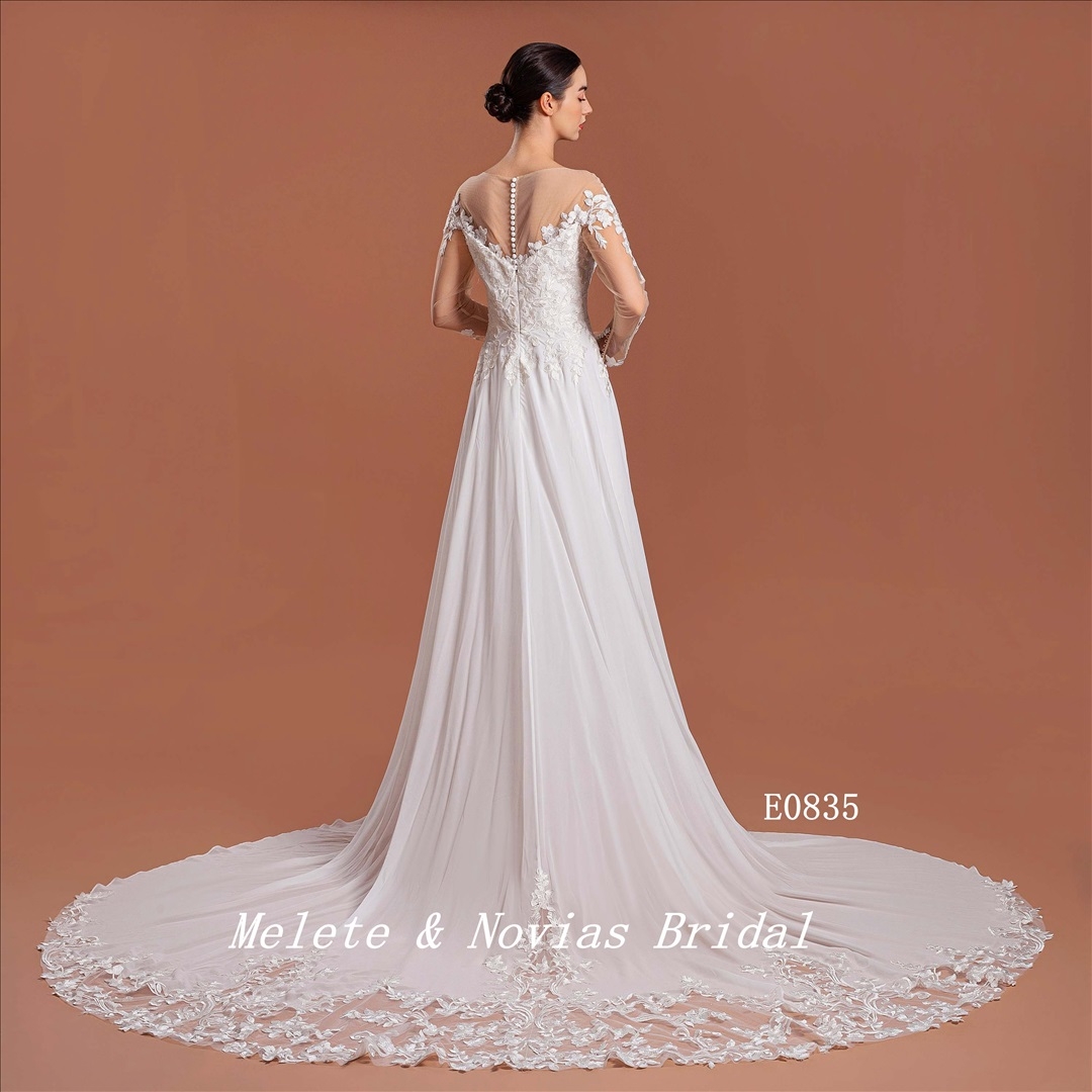 Long Sleeve Illusion Wedding Dress Elegant Ivory V Neckline Bridal Gown