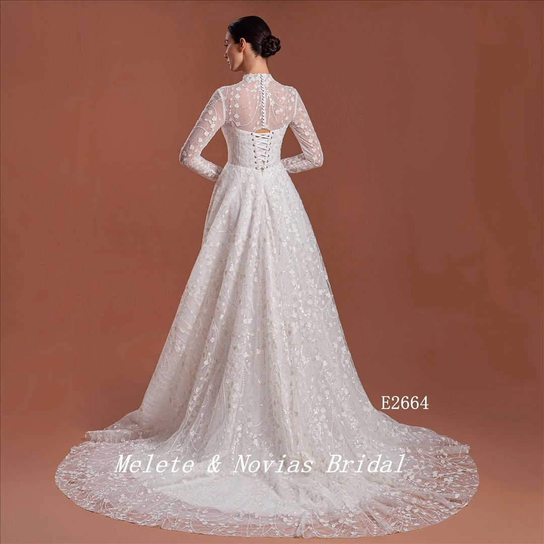 Long Sleeve Illusion Wedding Dress Elegant High Neckline Bridal Gown