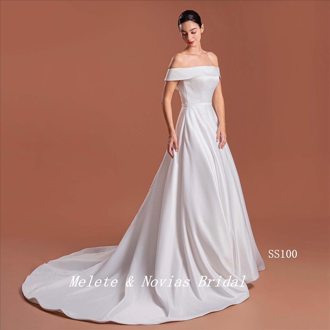 Off Shoulder Wedding Dress Straight Neckline Elegant Wedding Gown