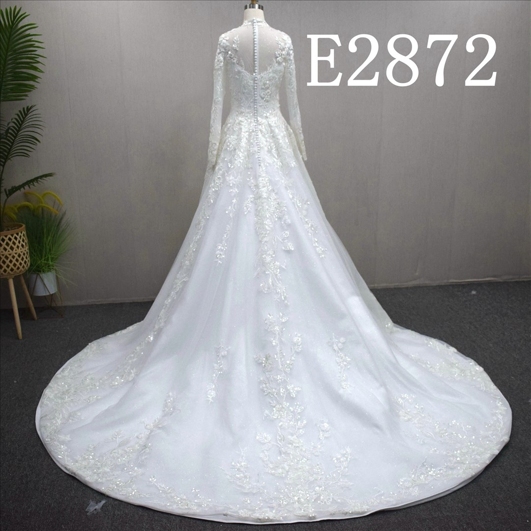 Long Sleeves Wedding Dress Luxury High Neckline Lace Bridal Gown