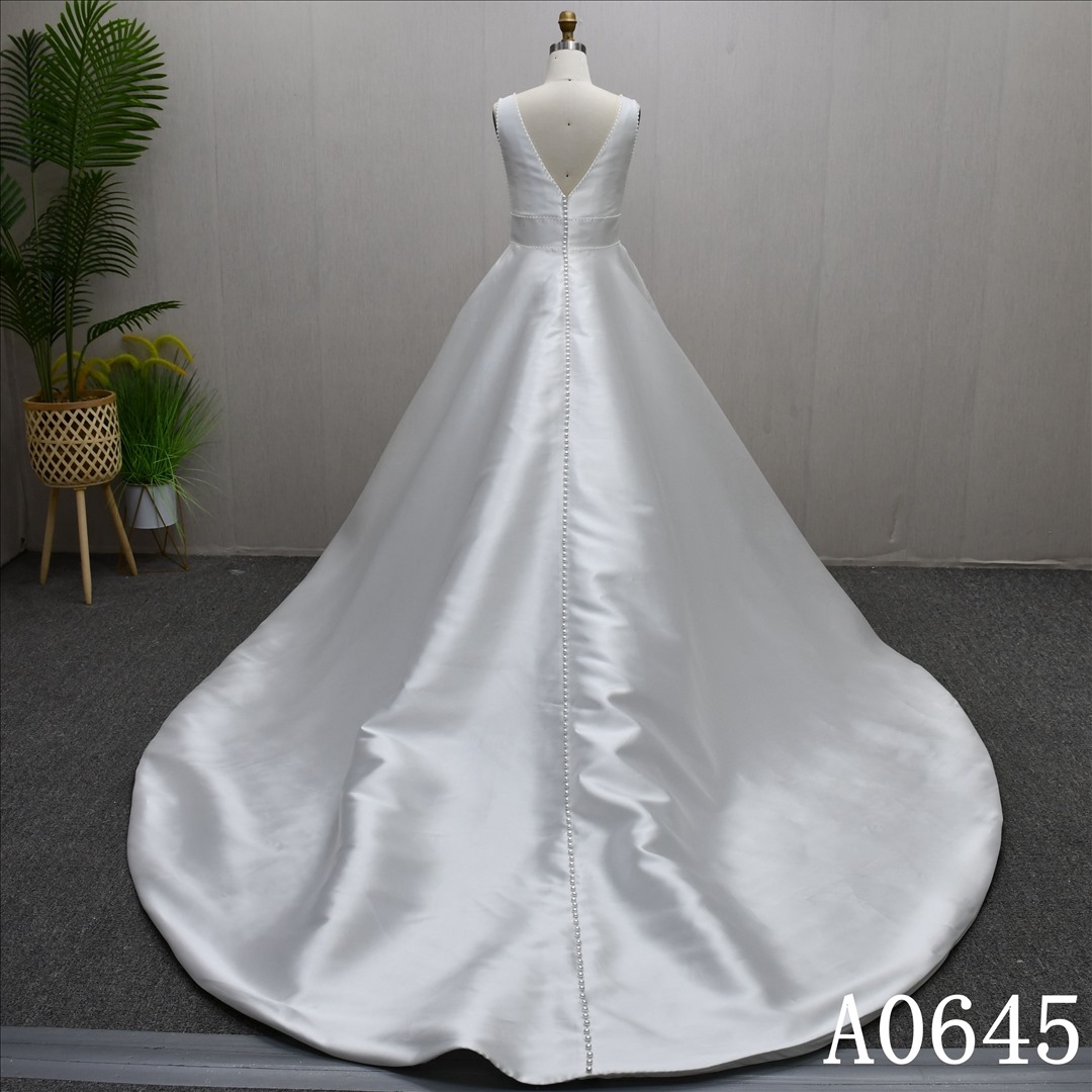 V-Neckline Pearl Encrusted Simple Pleated A-line Trailing Princess Bridal Gowns