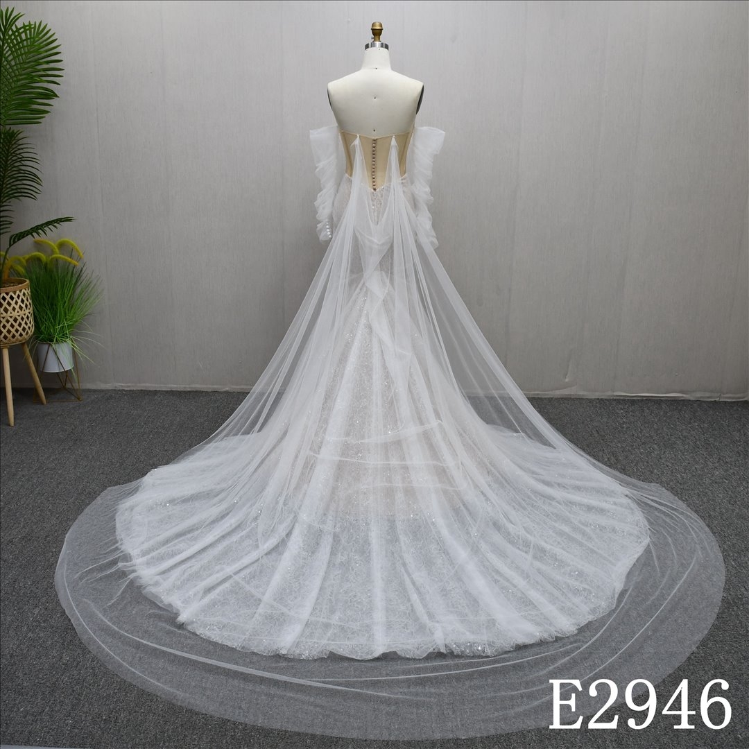 Detachable Tulle Long Sleeve Wrap Wedding Dresses Sequins Mermaid Bridal Gowns