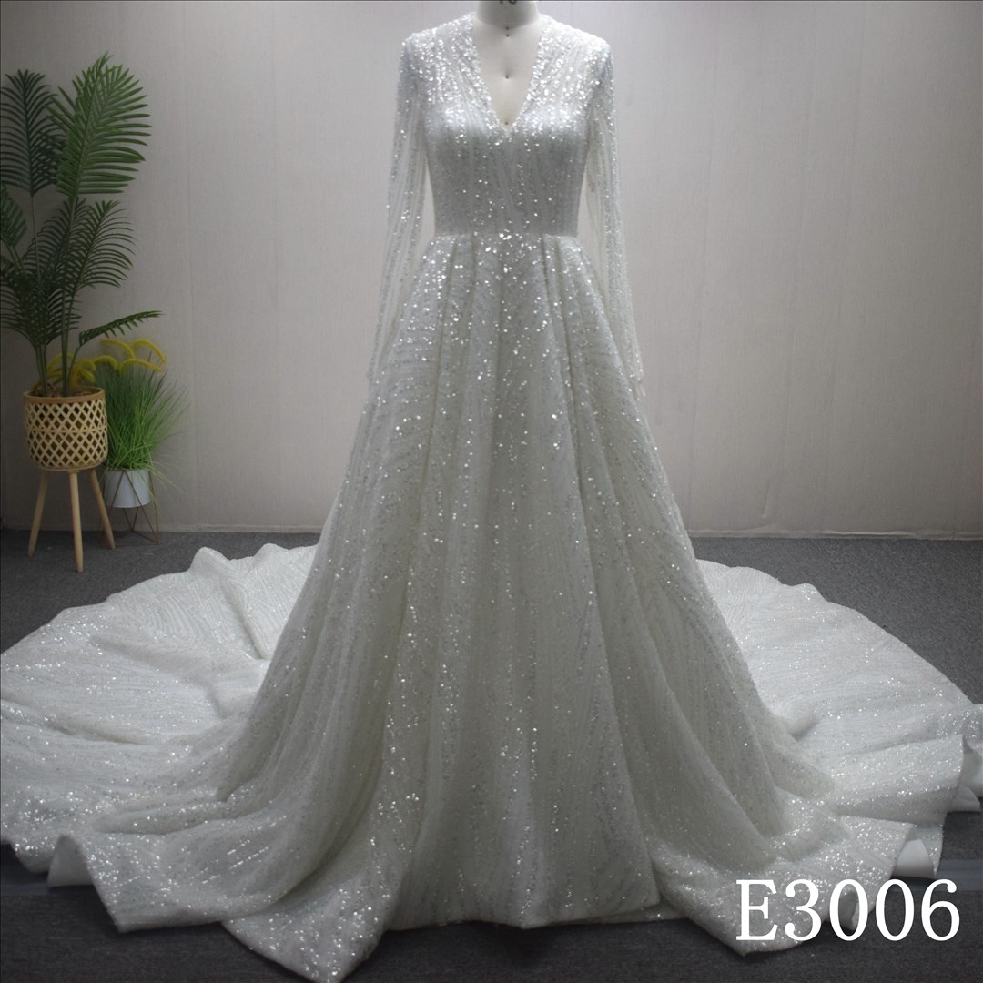 Deluxe Long Sleeve Beaded Sequins Wedding Dress Noble A-Line Bridal Gowns