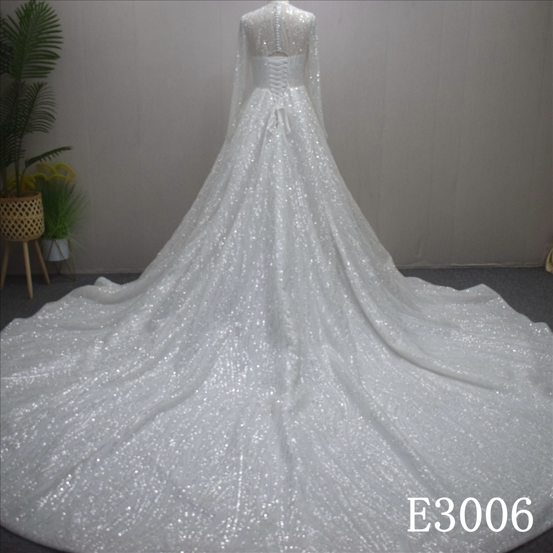 Deluxe Long Sleeve Beaded Sequins Wedding Dress Noble A-Line Bridal Gowns