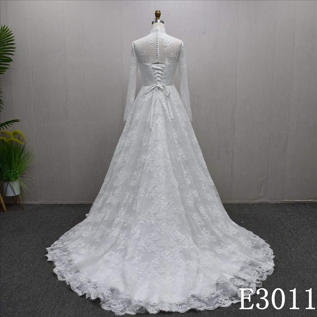 High Neck Long Sleeve Noble Lace Applique Wedding A Line Elegant Bridal Gowns