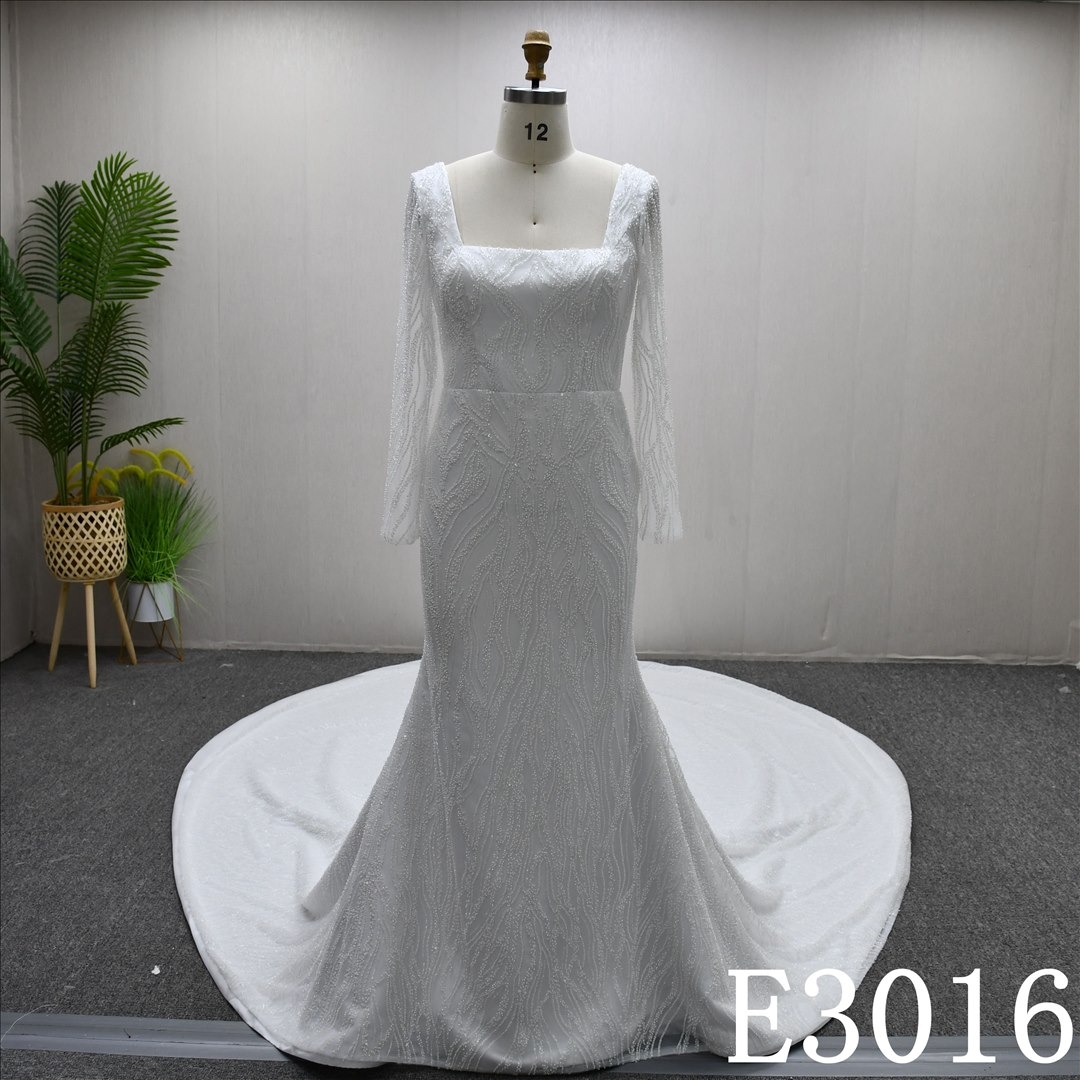 Elegant Long Sleeve Beaded Sequin Wedding Dresses Mermaid Gentle Bridal Gowns