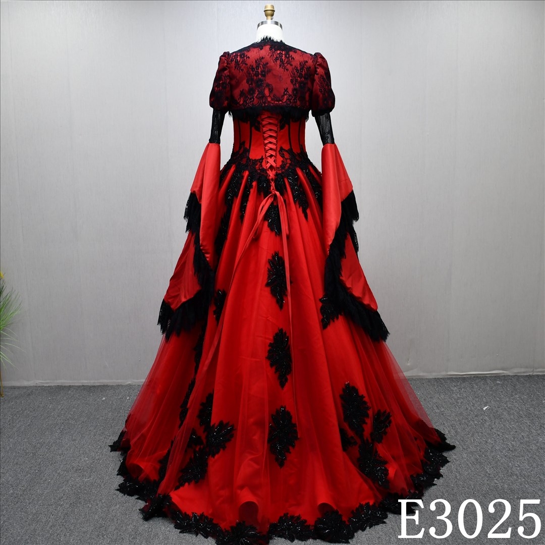 Detachable Long Sleeve Red Black Wedding Dress Applique Elegant Bridal Gowns