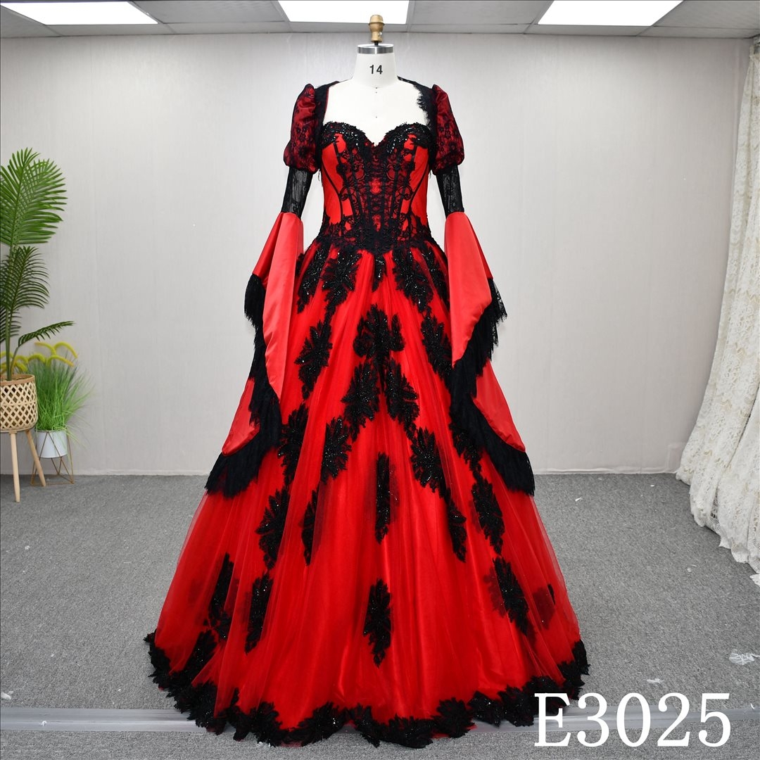 Detachable Long Sleeve Red Black Wedding Dress Applique Elegant Bridal Gowns