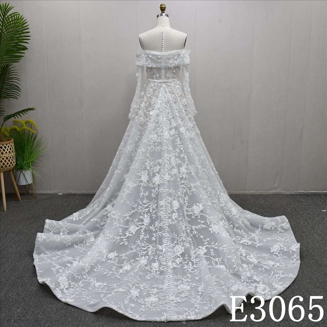 Elegant Detachable Long Sleeve Wrap Wedding Dress Lace Row Flower Bridal Gowns