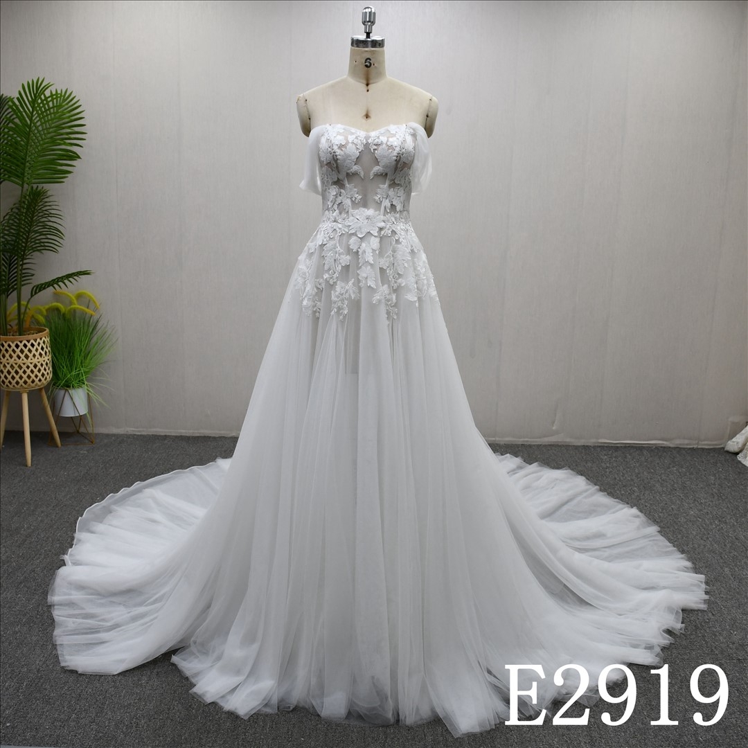 Latest Design Wrap Lace Applique Wedding Dresses A-Line Cute Bridal Gowns