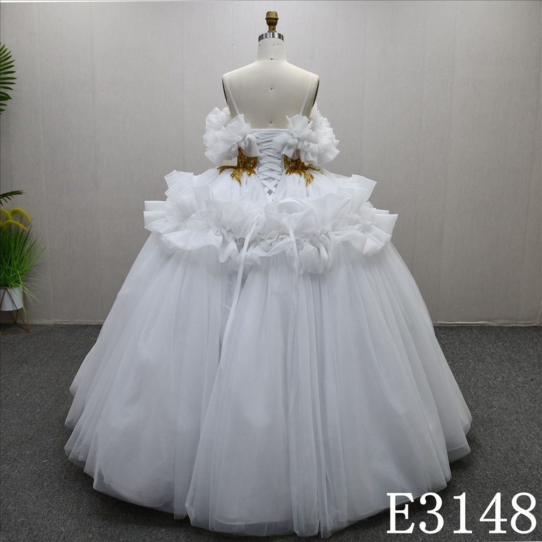 Elegant Strapless Applique Gold Lace Ball Gown Noble  Ruffle Wedding Dresses