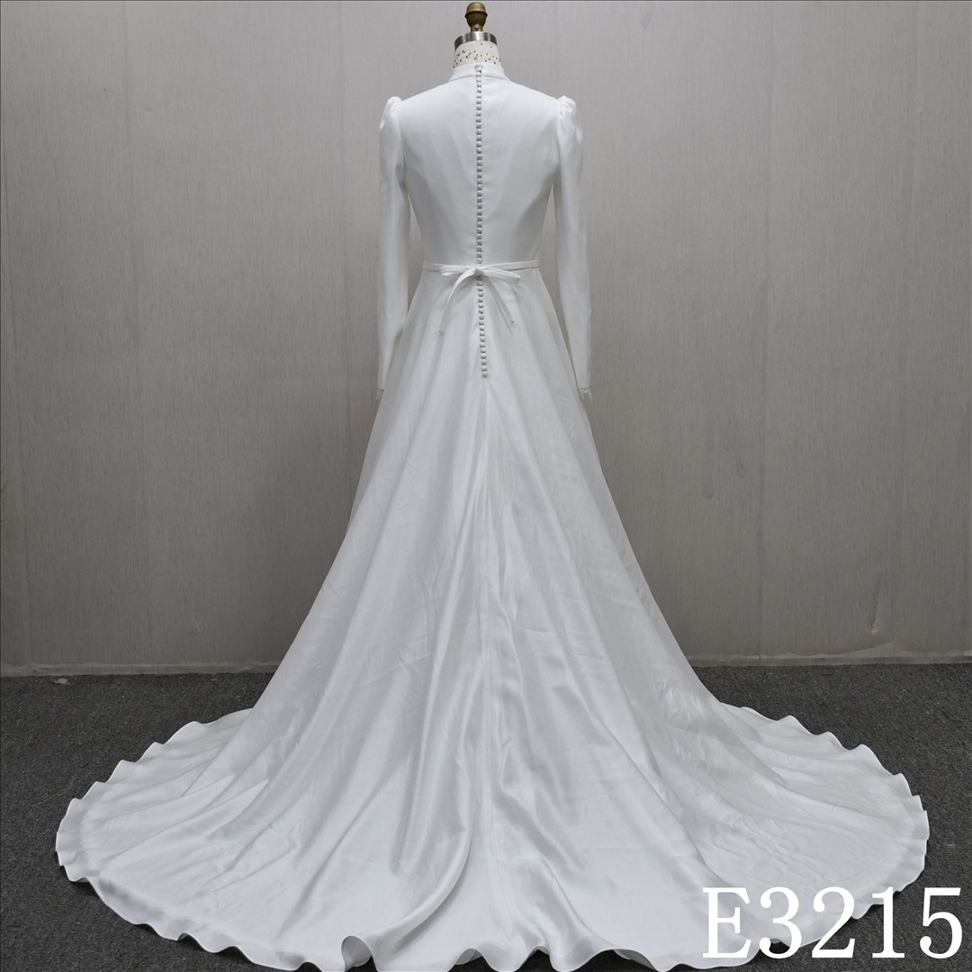 Plain High Neck Long Sleeve Pleated Bridal Gown A-line Gentle Wedding Dress