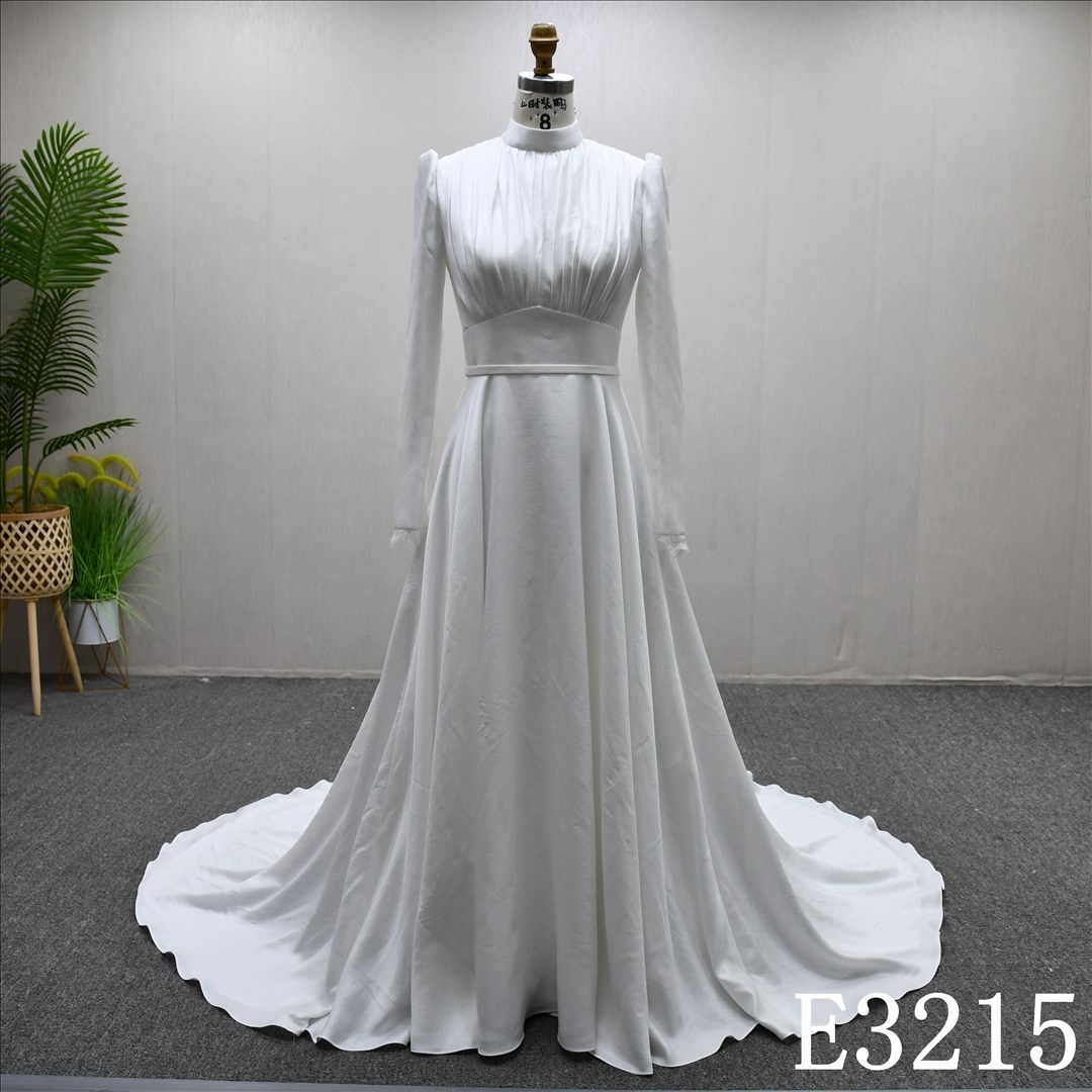 Plain High Neck Long Sleeve Pleated Bridal Gown A-line Gentle Wedding Dress