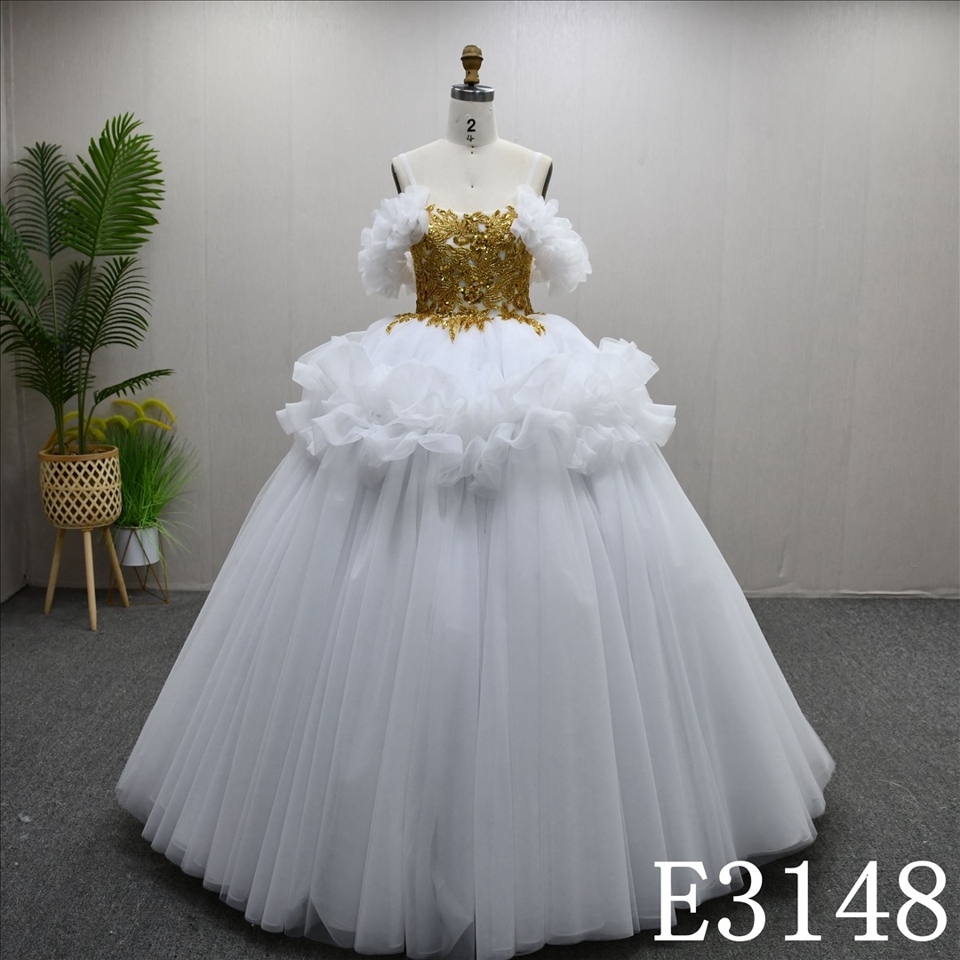 Luxurious White Gold Lace Beaded Ball Gown Sweetheart Princess Wedding Dresses