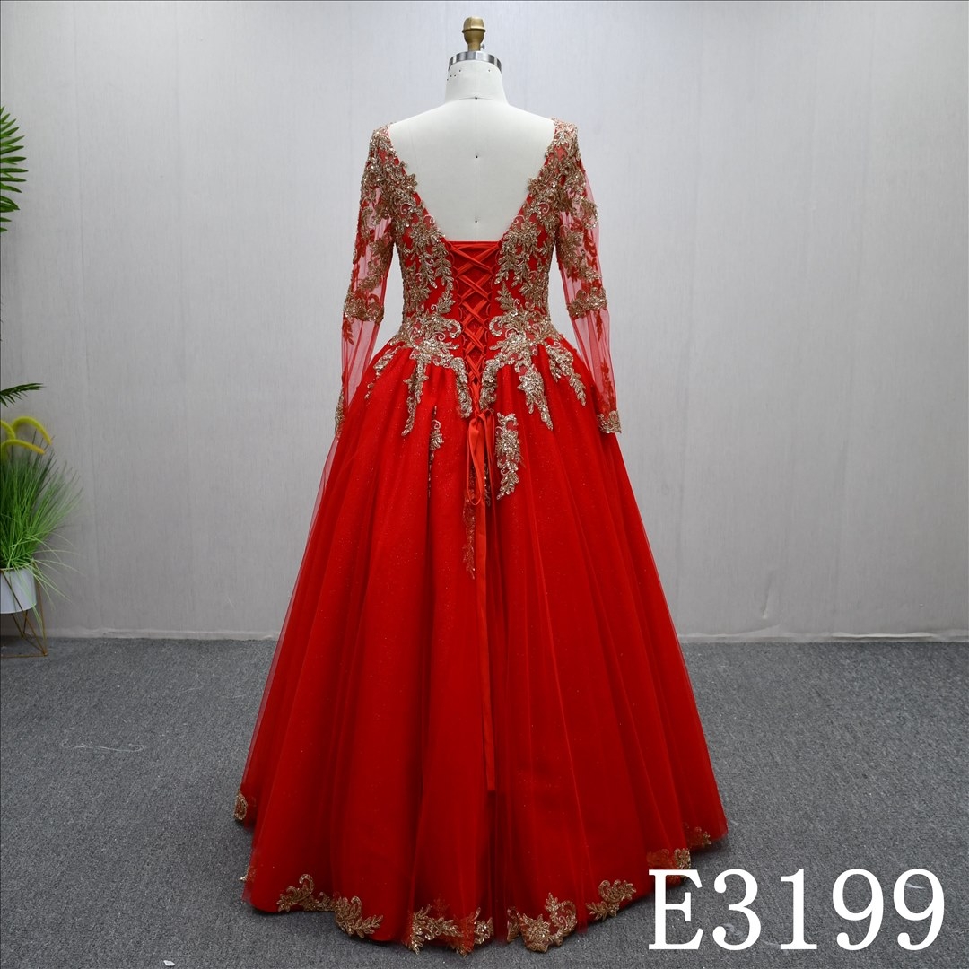 Luxury Red Long Sleeve Beaded Bridal Gowns Unique Design Evening Gowns