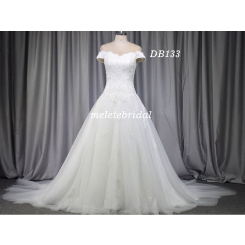 Short sleeves lace applique princess style wedding gown