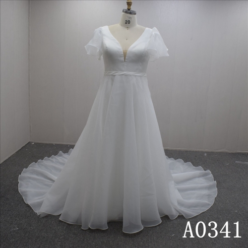 A-line Short sleeves V Neck Backless Tulle Hand Made Bridal Dress