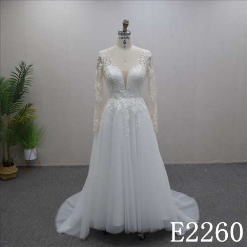 Special Long Sleeves and V-neck Lace Flower  Hand Made Bridal Dress