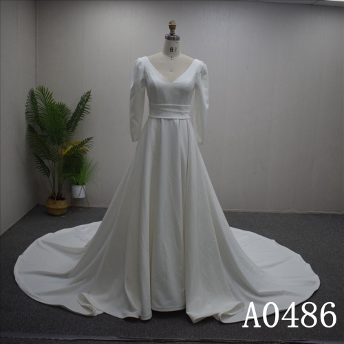 Long Sleeves V-neck with backless Hand Made  Bridal Dress