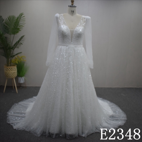 Special Long Sleeves and V-neck  Hand Made Bridal Dress