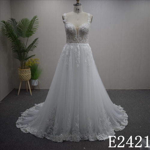 Gorgeous V-Neck Lace Flower  with backless Hand Made Bridal Dress