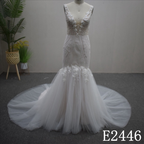 Summer Princess V-neck Mermaid Lace flower Hand Made Bridal Dress