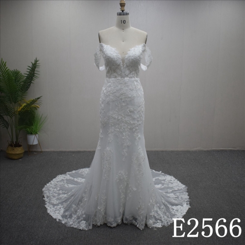 Summer Princess V-neck Mermaid Lace flower Hand Made Bridal Dress