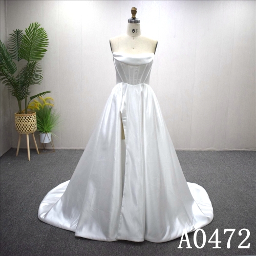 Elegant Satin A-line Wedding Dress With Sweep Train Slit Hand Made Bridal Dress