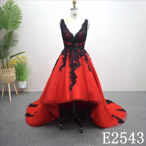 Red With Black V Neck Wedding Dress Elegant Lace Sequins Bridal Gown