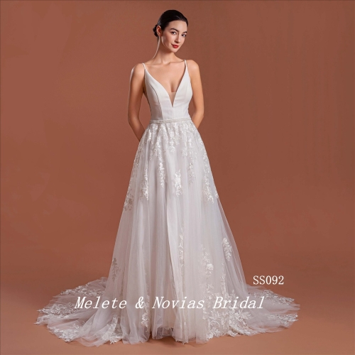 Simple V Neckline Wedding Dress Spaghetti Strap Ivory Bridal Gown