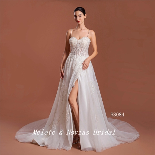 2024 Sweat Heart Wedding Dress Slit Spaghetti Strap Ivory Beading Bridal Gown