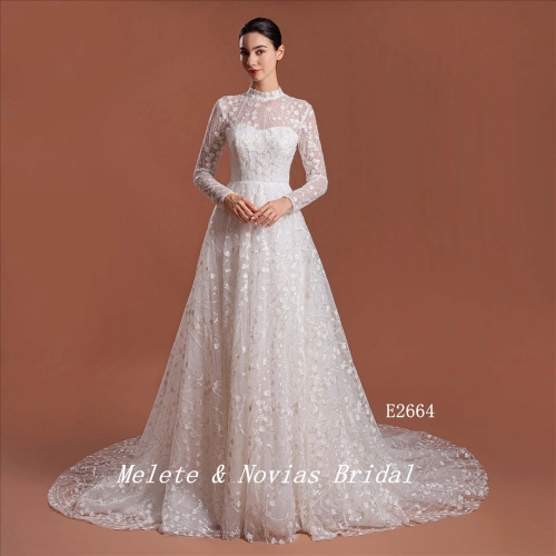 Long Sleeve Illusion Wedding Dress Elegant High Neckline Bridal Gown