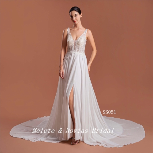 Deep V Neckline Wedding Dress Elegant Wedding Gown For Bridal Lady