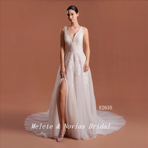 Slit Deep V Neckline Wedding Dress Elegant Wedding Gown