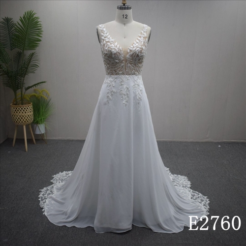 New Wedding Dress Elegant V Neckline Lace Bridal Gown